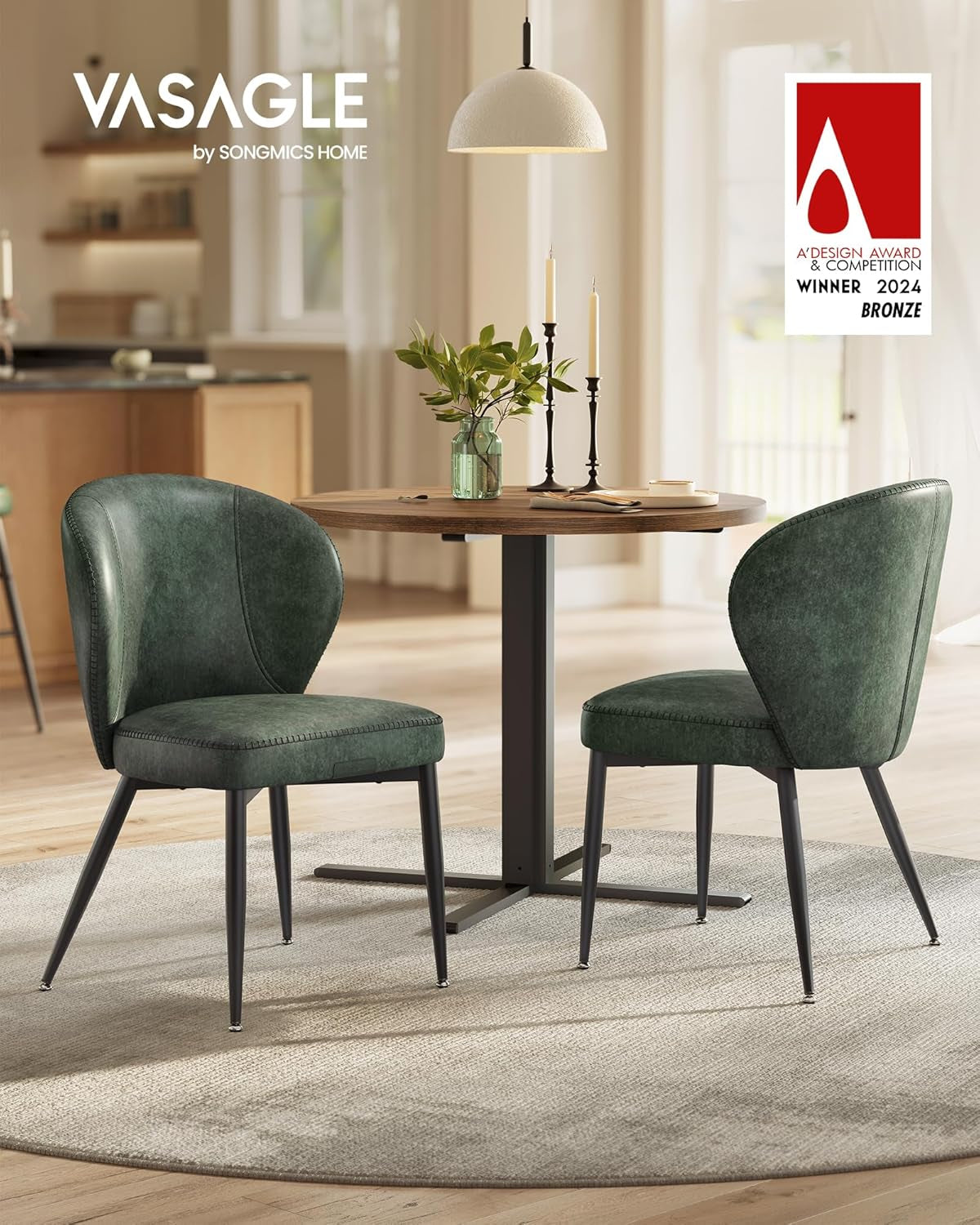 EKHO Collection - Dining Chairs Set of 2, Upholstered Kitchen Chairs, Comfortable Seat, Synthetic Leather with Stitching, Mid-Century Modern, Easy Assembly, Living Room Lounge, Ink Black