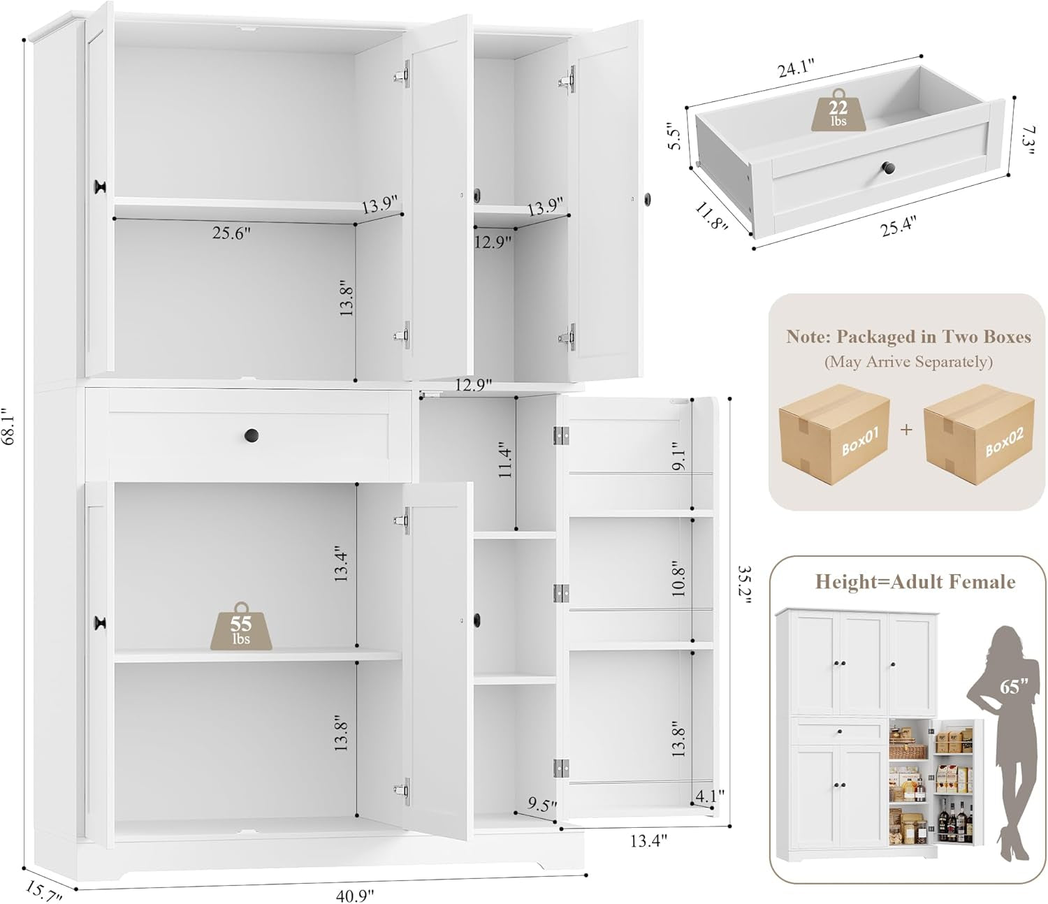 68" Tall Kitchen Pantry Storage Cabinet, Modern Kitchen Hutch Cabinet with Doors and Shelves, Freestanding Food Pantry with Large Storage Drawer for Dining Room, Living Room, White