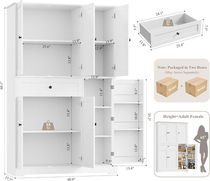 68" Tall Kitchen Pantry Storage Cabinet, Modern Kitchen Hutch Cabinet with Doors and Shelves, Freestanding Food Pantry with Large Storage Drawer for Dining Room, Living Room, White