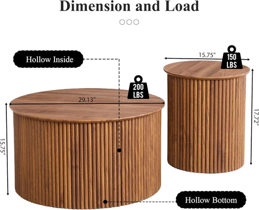 Fluted round Nesting Coffee Table Set of 2, Mid Century Modern Wood Coffee Tables and End Table Set, Circle Side Table Minimalist Center Tables for Living Room, Office(Walnut)