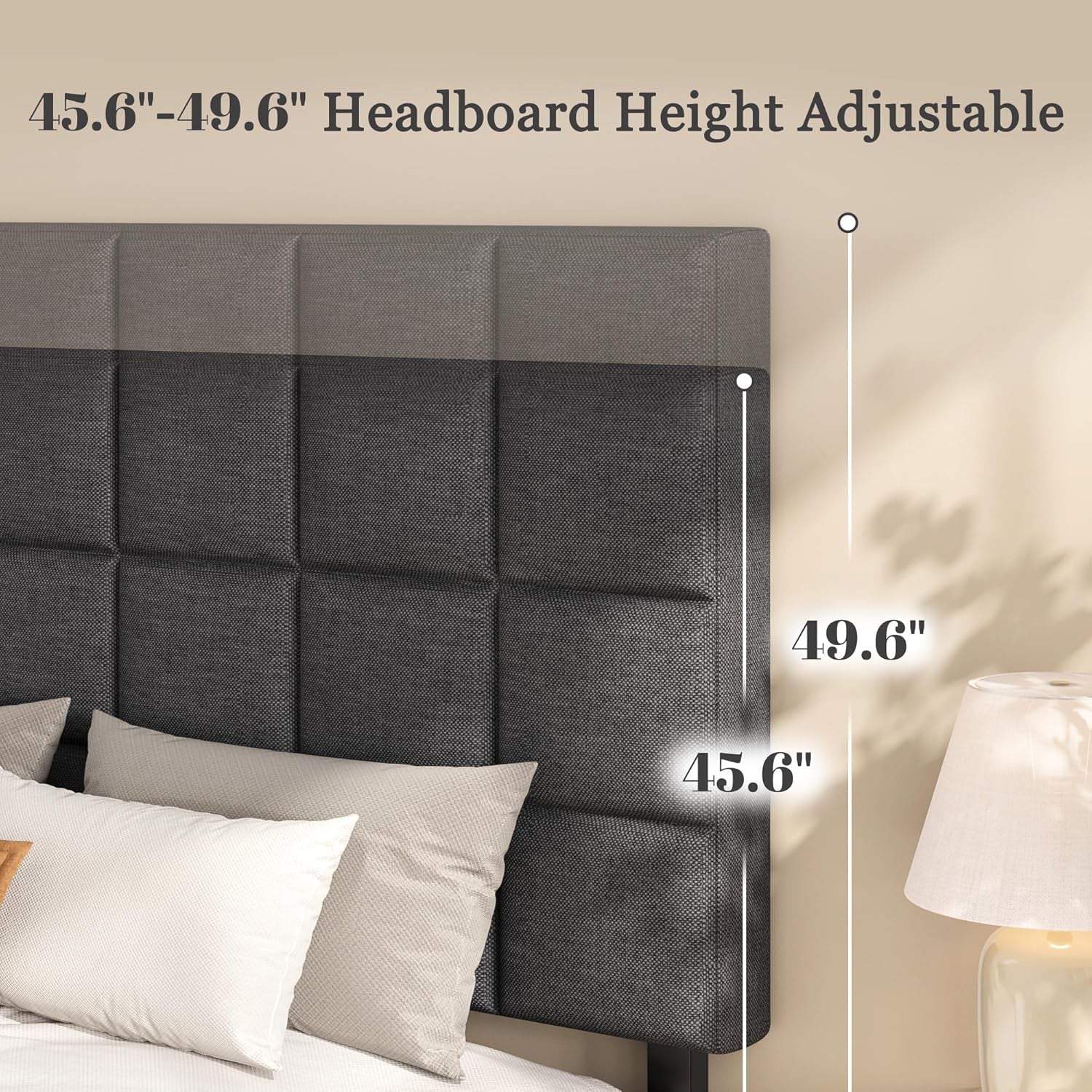 Queen Platform Bed Frame with Linen Upholstered Adjustable Tall Headboard, No Box Spring Needed, Anti-Noise EVA Sponge, Easy Assembly, One-Box Shipping, 7.5 Inch under Bed Storage, Dark Grey