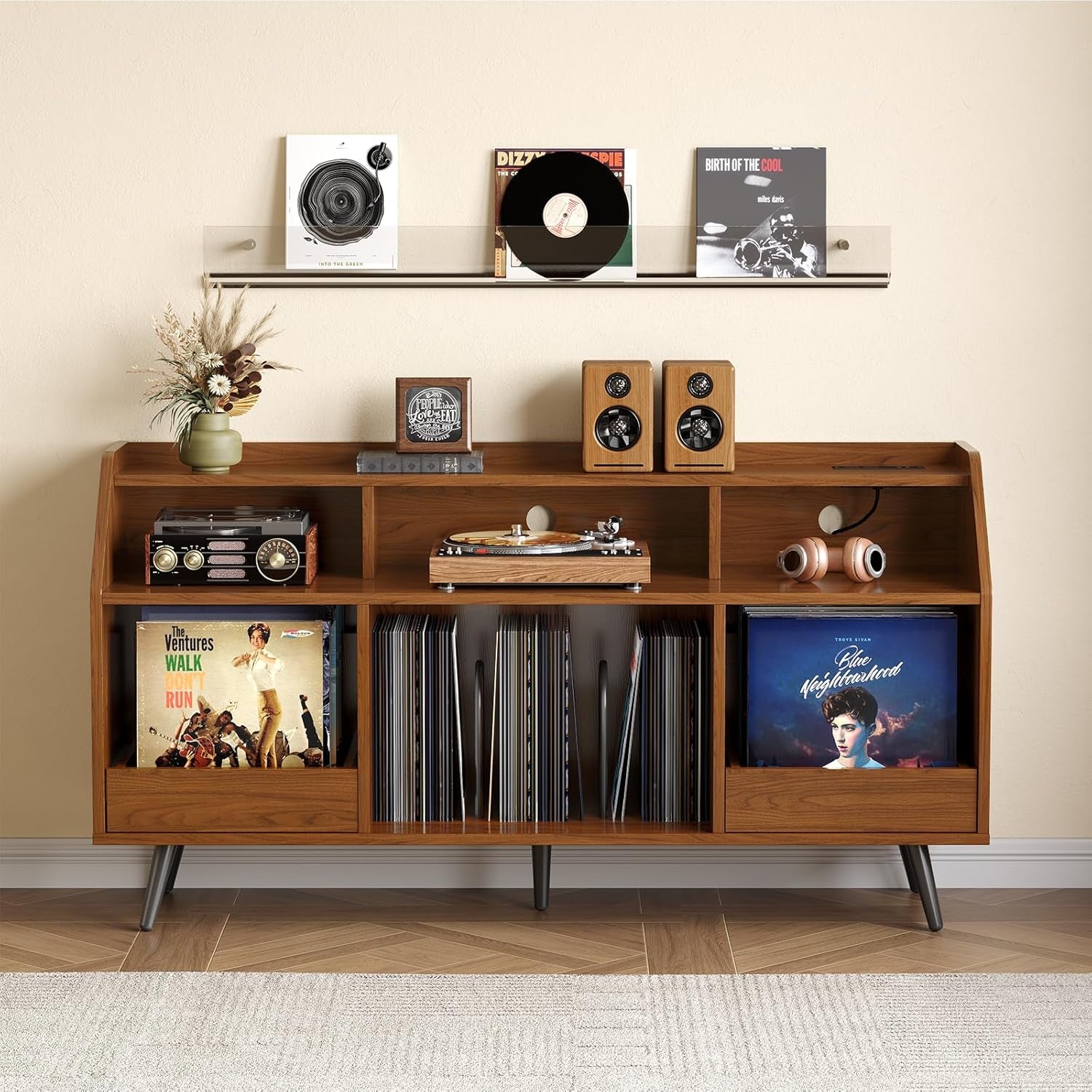 55 Inch Record Player Stand with LED Light, Modern Vinyl Record Storage Cabinet with 2 Drawers & Open Shelves, Holds up to 500 Albums, Turntable Stand W/Charging Station for Living Room Bedroom Walnut