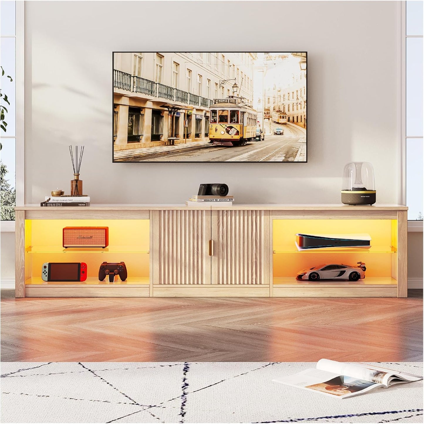 80 Inch TV Stand for 75/85/90 Inch Tvs, LED Entertainment Center with Fluted Storage Cabinet & Adjustable Shelves, Modern Farmhouse Wooden TV Console for Living Room Bedroom, Natual Oak