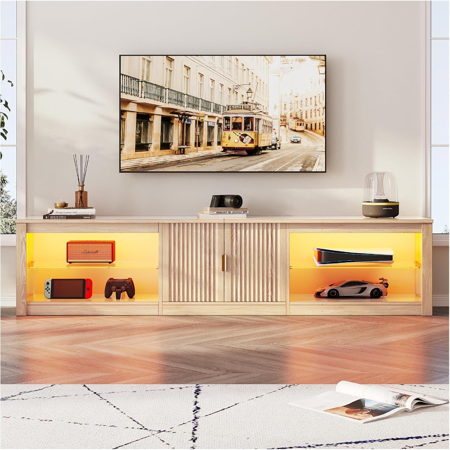 80 Inch TV Stand for 75/85/90 Inch Tvs, LED Entertainment Center with Fluted Storage Cabinet & Adjustable Shelves, Modern Farmhouse Wooden TV Console for Living Room Bedroom, Natual Oak