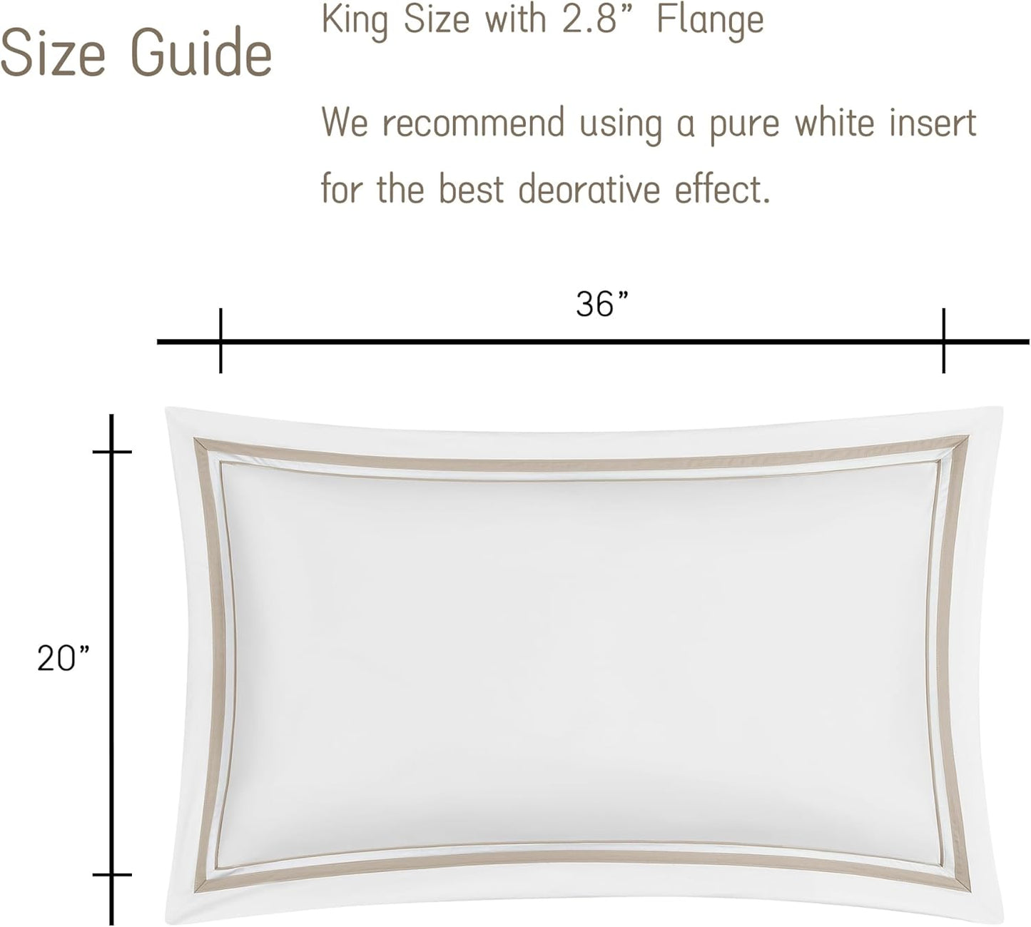 White Pillow Shams King Size Set of 2, 100% Cotton 400TC Sateen Luxury Hotel Pillow Cases, Pipping Oxford Pillowcases with Envelope Closure for Bedding Linen, 20X36 Inches (White with Khaki)