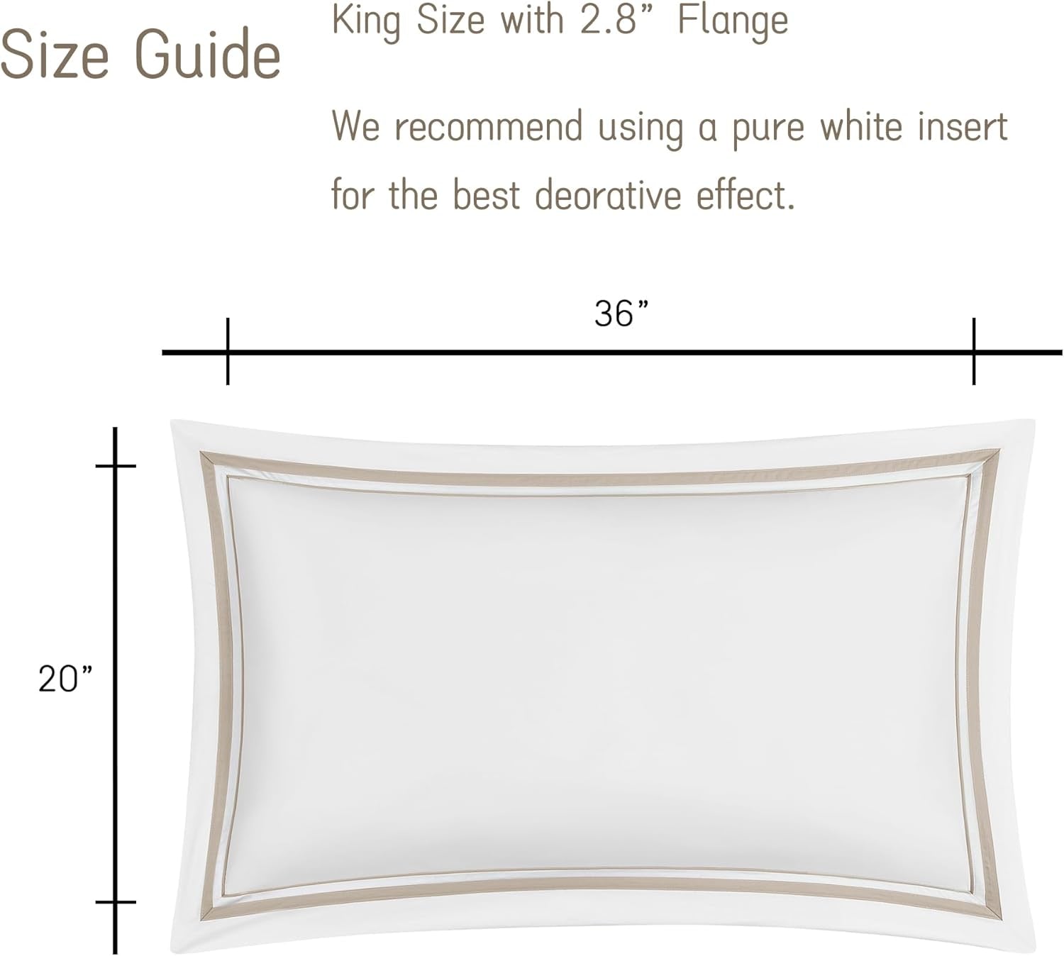 White Pillow Shams King Size Set of 2, 100% Cotton 400TC Sateen Luxury Hotel Pillow Cases, Pipping Oxford Pillowcases with Envelope Closure for Bedding Linen, 20X36 Inches (White with Khaki)