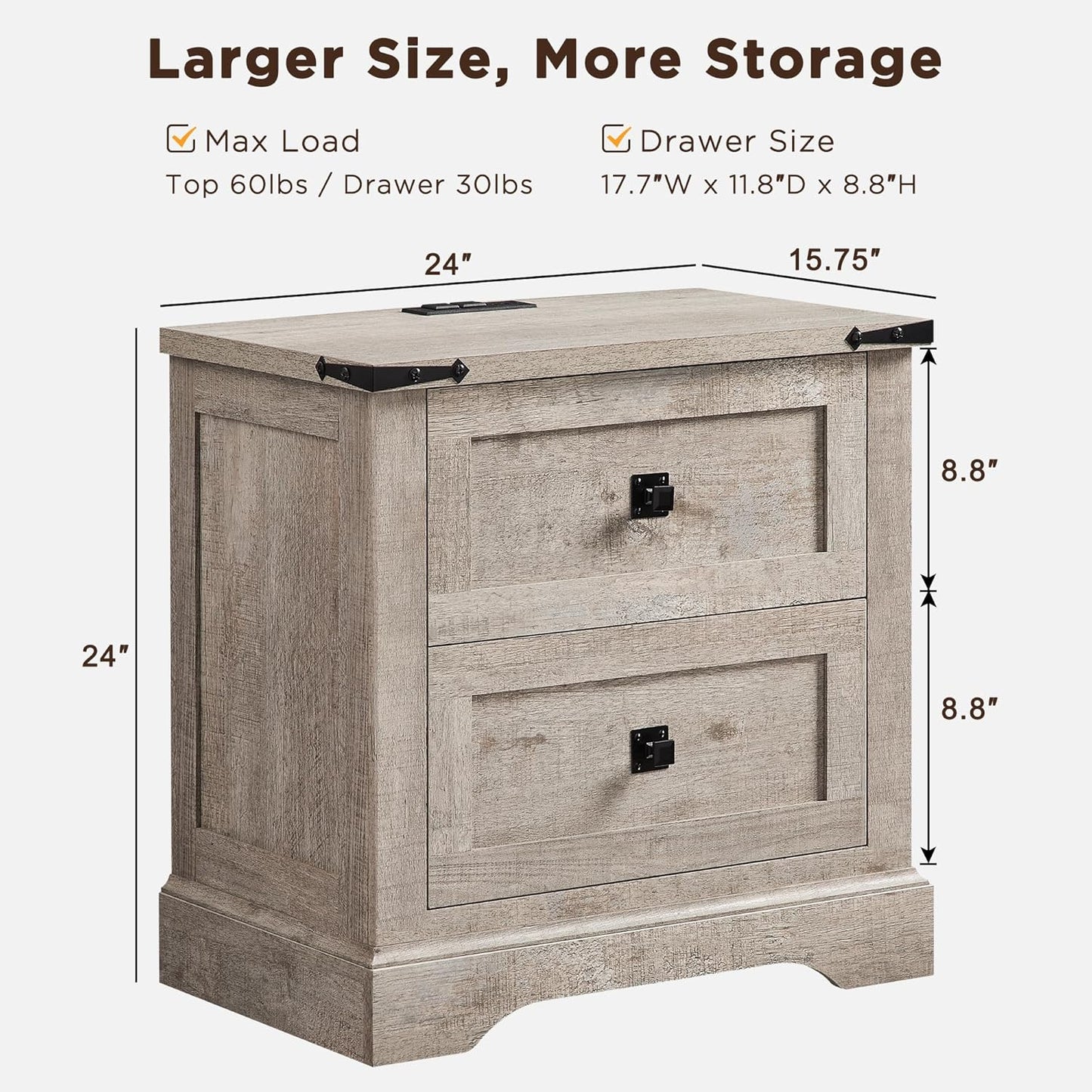 24" Farmhouse Nightstand with Charging Station Set of 2, Large End Table with 2 Storage Drawers, Rustic Wood Sofa Bedside Table for Bedroom, Light Rustic Oak