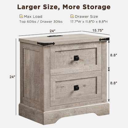 24" Farmhouse Nightstand with Charging Station Set of 2, Large End Table with 2 Storage Drawers, Rustic Wood Sofa Bedside Table for Bedroom, Light Rustic Oak