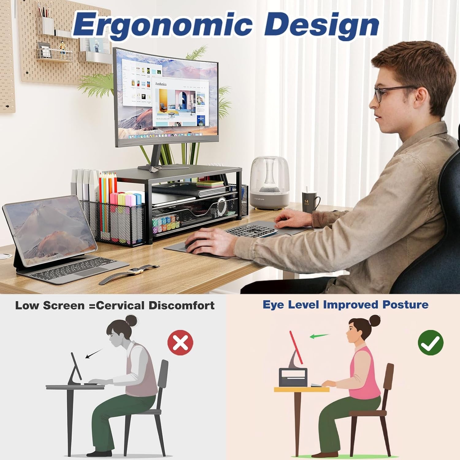 Desk Organizer and Accessories, 2-Tier Computer Monitor Stand Riser with Drawer and 2 Pen Holders, Laptop Stand, Office Desk Accessories for Office Supplies, Black