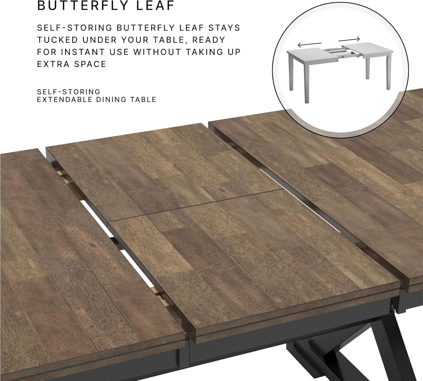 Wildenauer Farmhouse Dining Extension Table with Self-Storing Butterfly Leaf for 6-8 People, Black & Dark Brown