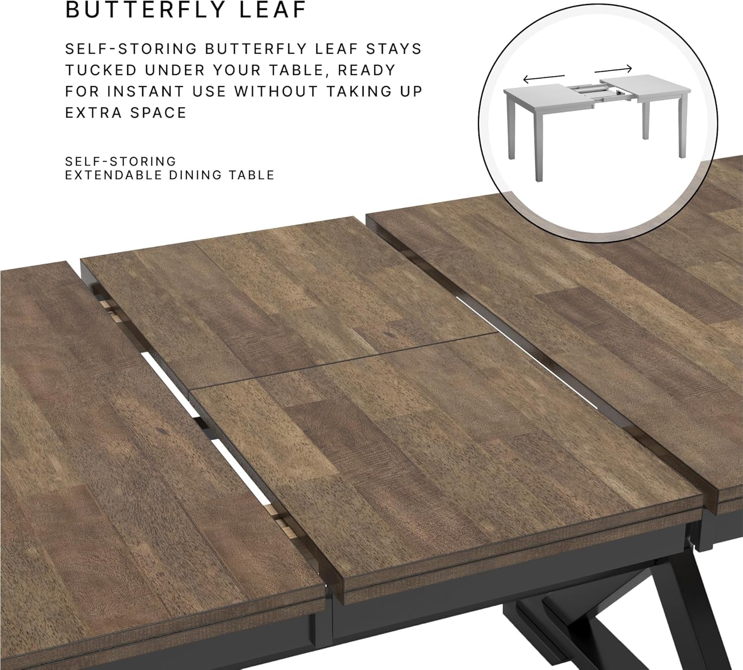 Wildenauer Farmhouse Dining Extension Table with Self-Storing Butterfly Leaf for 6-8 People, Black & Dark Brown