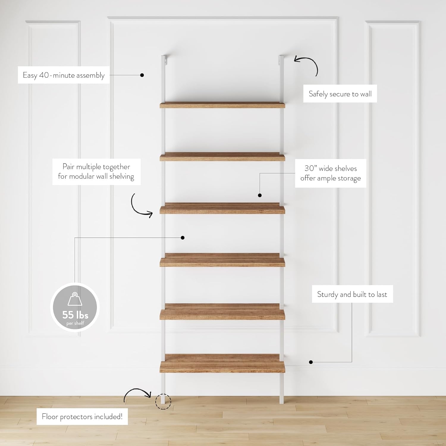 Theo 6-Shelf Tall Bookcase, Wall Mount Bookshelf with Natural Wood Finish and Industrial Metal Frame, Rustic Oak/White