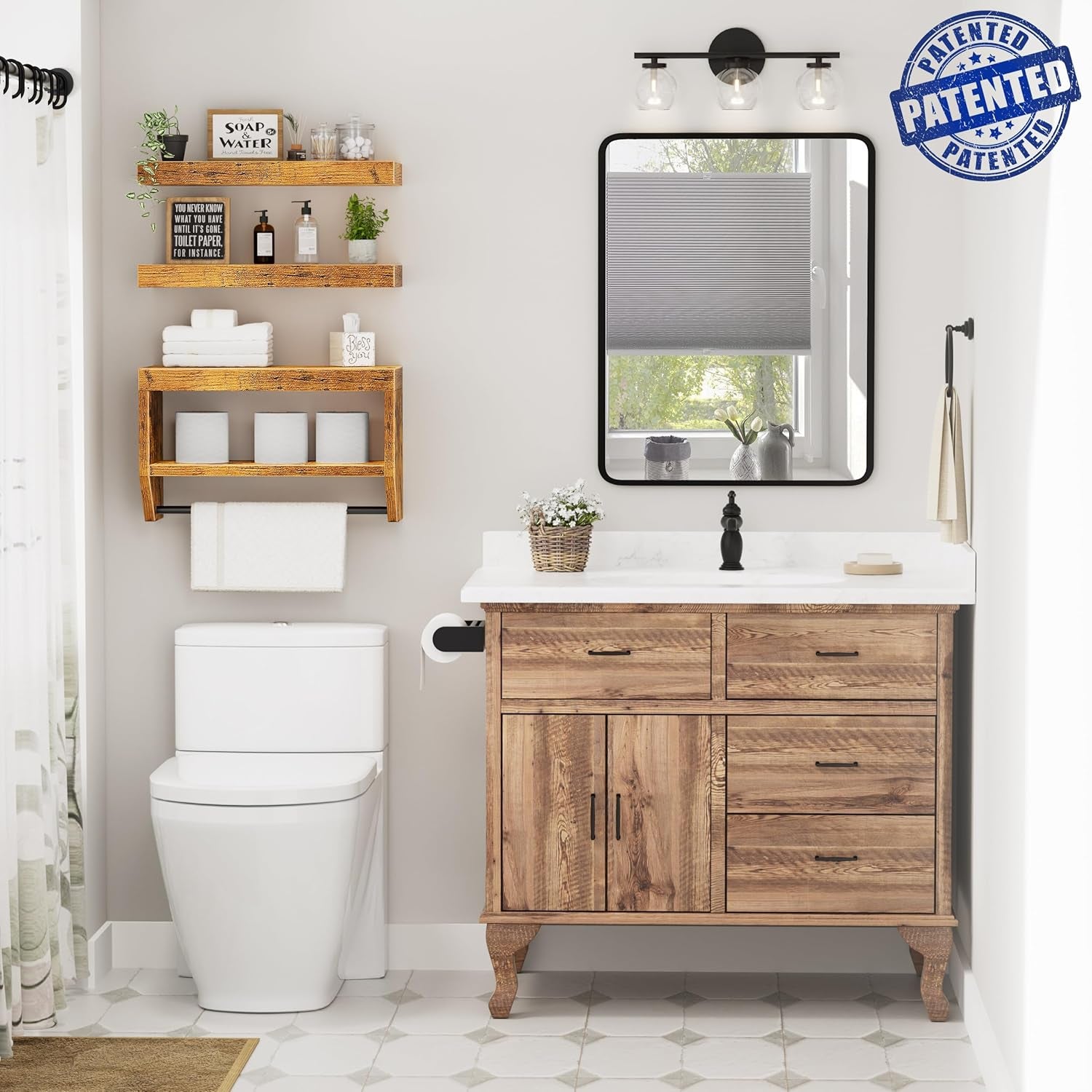 Bathroom Floating Shelves for Wall - Shelf over Toilet Paper Storage Farmhouse 16 Inch Set of 3, Rustic Brown (028-40BN3)