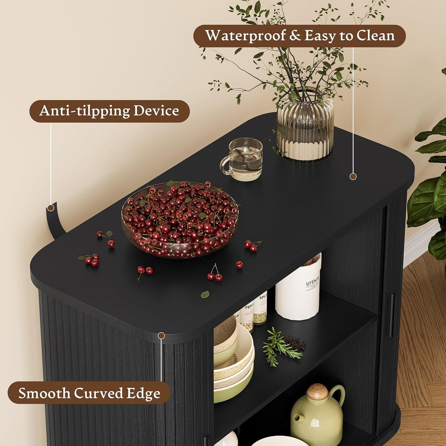 Sideboard Buffet Cabinet with Sliding Door, 31.5" Wide Fluted Modern Accent Storage Cabinet with Adjustable Shelves, Wood Coffee Bar Buffet Console Table for Kitchen, Dining Room, Living Room, Black