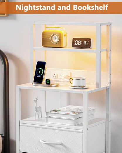 Night Stand, White Bedside Nightstand with 4-Tier Shelves and 3 Fabric Drawers, LED Bed Side Tables with Charging Station, Tall Dresser for Bedroom, Hallway, Office