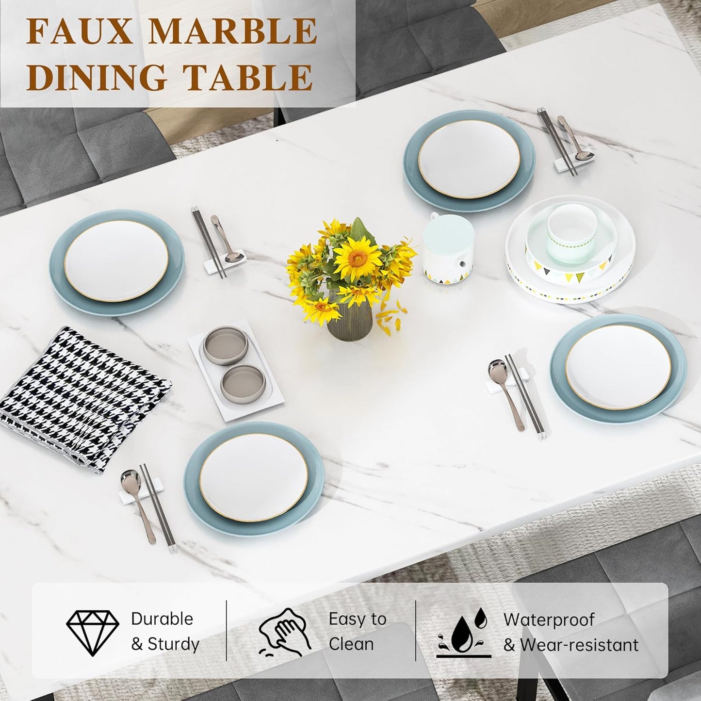 Dining Table Set for 4,Faux Marble Kitchen Table and Chairs Set of 4, Modern Dining Room Set for 4,Dinner Table Set with Velvet Chairs, Dining Set for Small Spaces,White & Grey