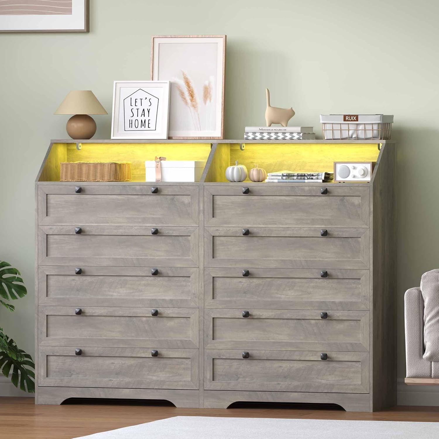 Grey Dresser Tall 5 Drawer Dresser for Bedroom, Wood Chest of Drawers with LED Lights, Charging Station, Metal Handles, Modern Storage Cabinet and Organizer Drawers for Living Room, Hallway