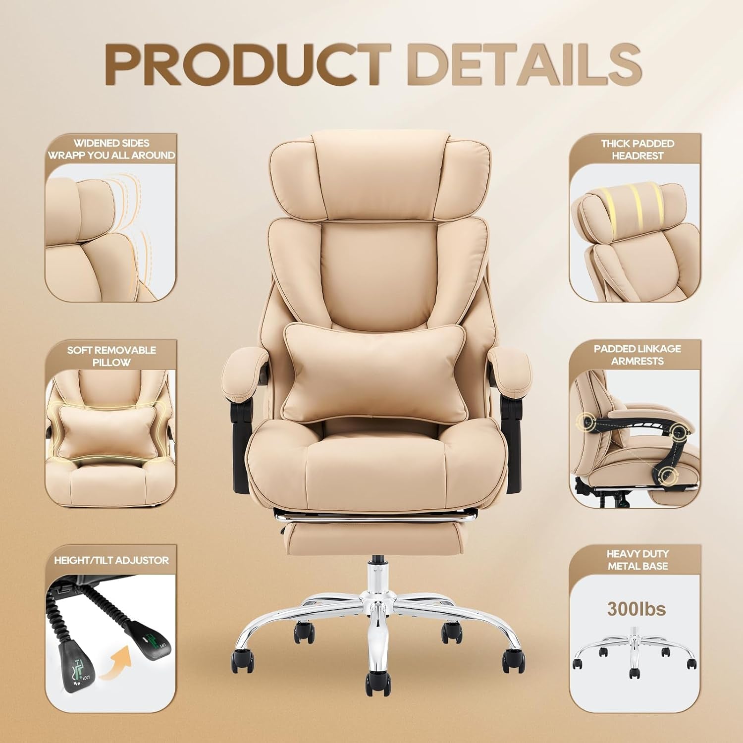 Office Chair with Retractable Footrest, Ergonomic High Back Design Executive Computer Desk Chair with Removable Lumbar Pillow, 90-135°Reclining, Thick Bonded Leather for Home Office Work, Khaki