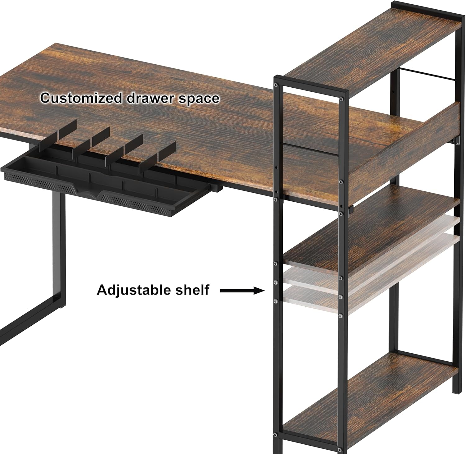 46-Inch Home Office Mission Computer Desk with Side Shelf and Drawer, Rustic Brown