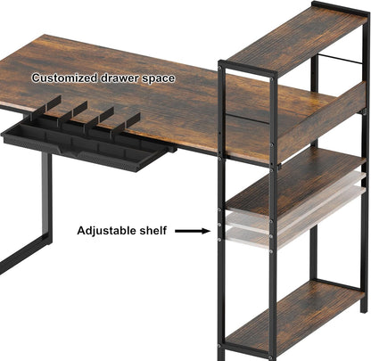 46-Inch Home Office Mission Computer Desk with Side Shelf and Drawer, Rustic Brown