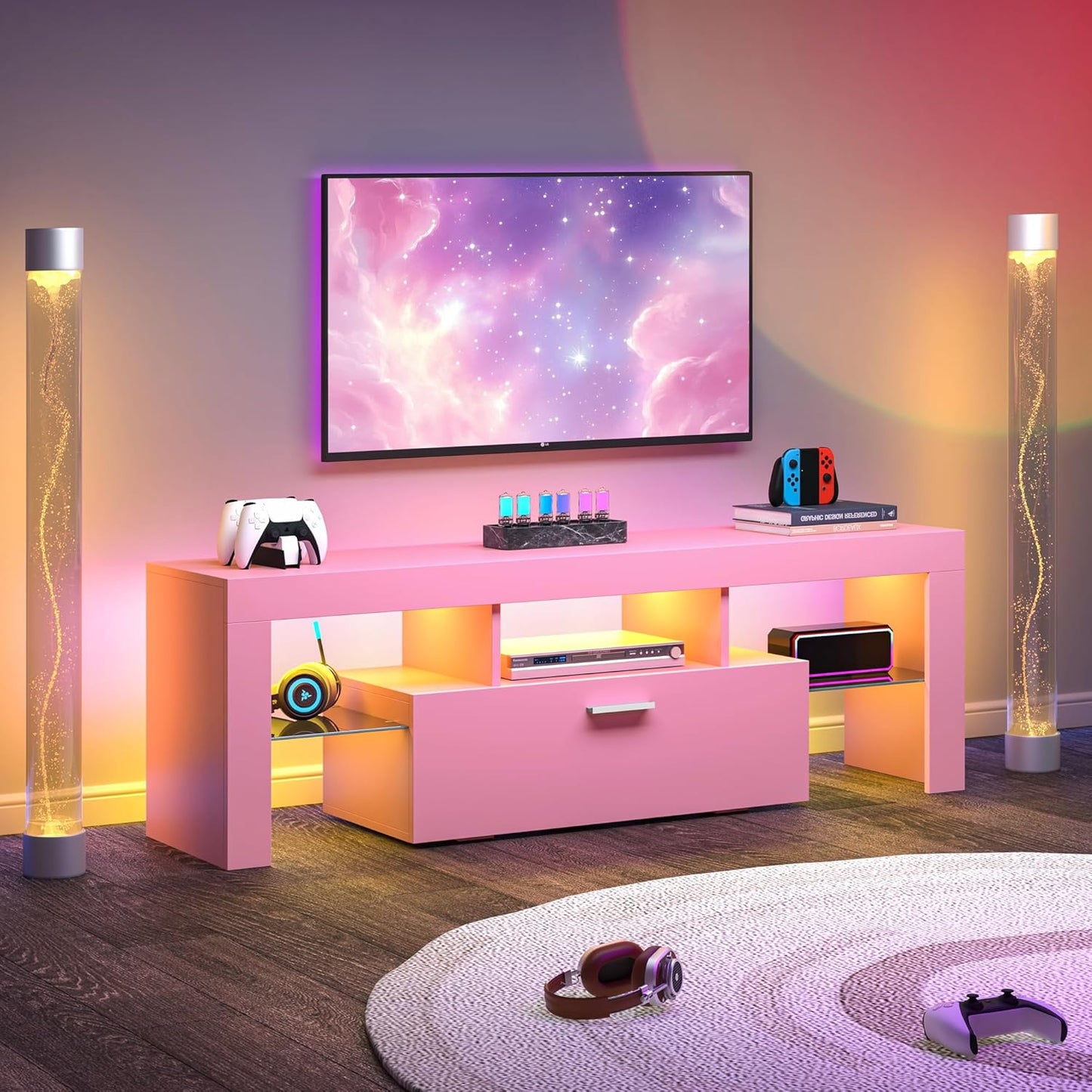 Modern Lighting 51 Inch TV Stand with Large Storage Drawer for 32 40 50 55 Inch Tvs, TV Console with 20 Color LED Lights, Entertainment Center Media and Open Shelf for Bedroom, Pink