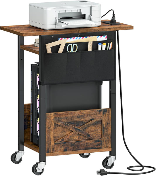 3-Tier Mobile PC Stand, Adjustable Computer Tower Stand with Power Strip and Lockable Wheels, with Fabric Pocket, PC Holder for Speakers, Printers, Office, Rustic Brown and Black BF37UCJ01