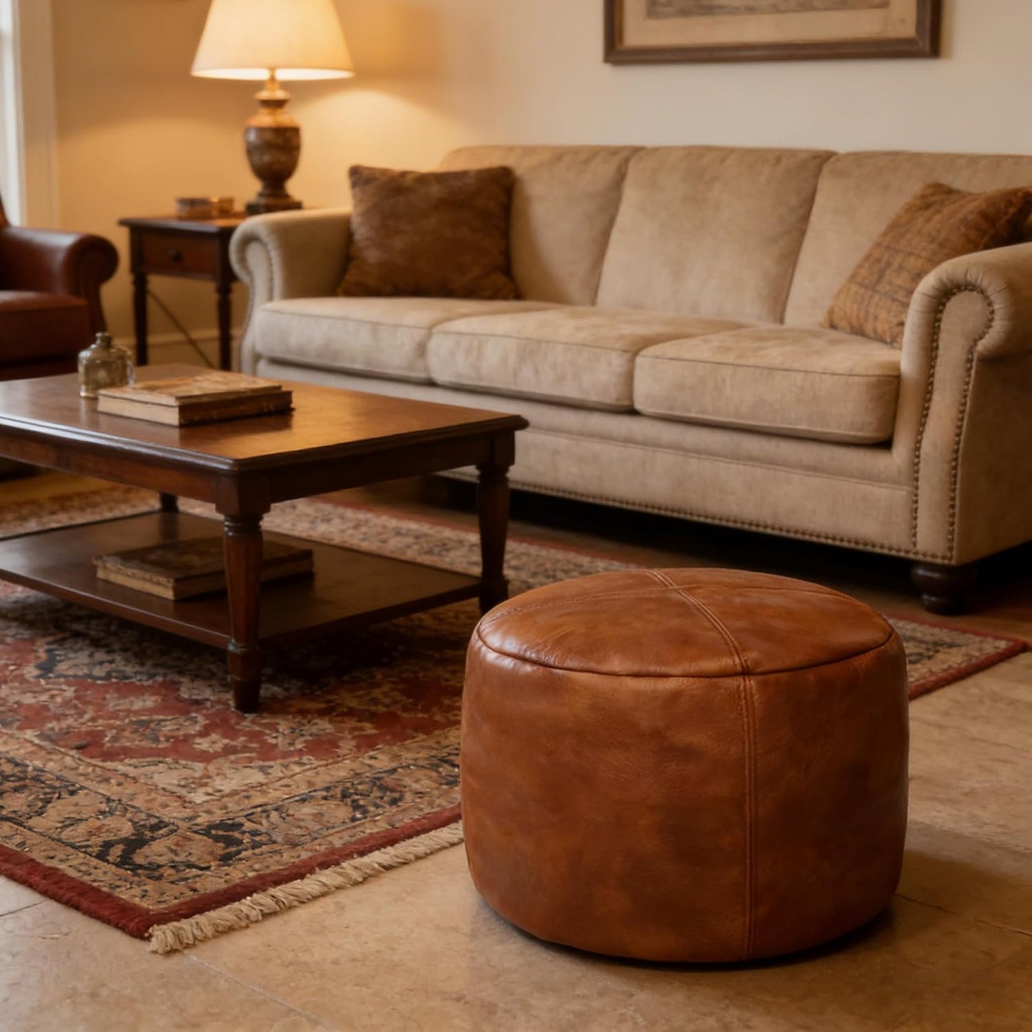 Unstuffed Faux Leather Pouf Cover, Handmade Footstool Ottoman Storage Solution, Floor Footrest Cushion, 16.5”Dx12”H, Amaretto