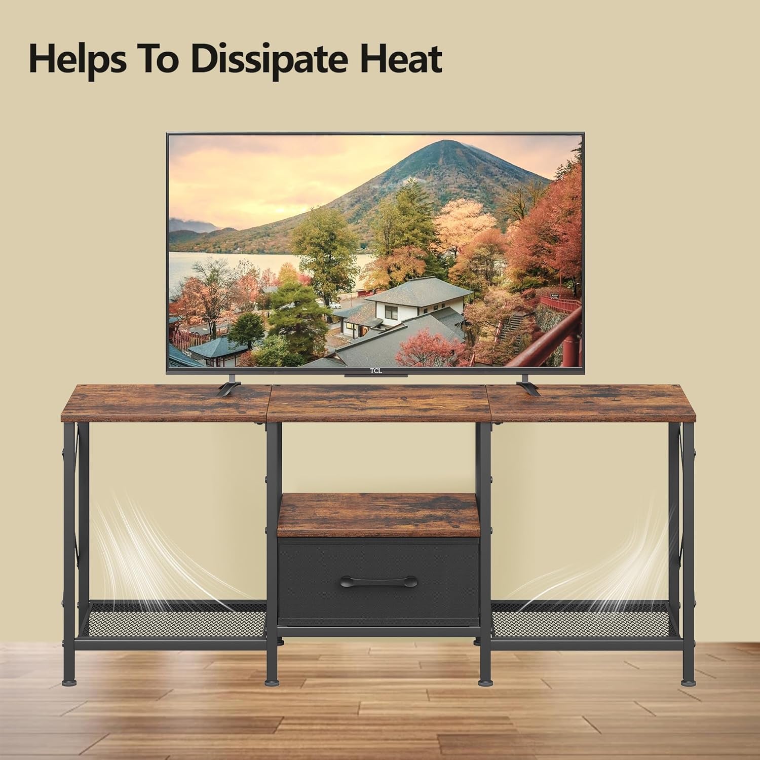 TV Stand with Fabric Drawer, Entertainment Center for 50 55 Inch TV, Industrial TV Console Table with Open Storage Shelves for Living Room, Bedroom, Rustic Brown