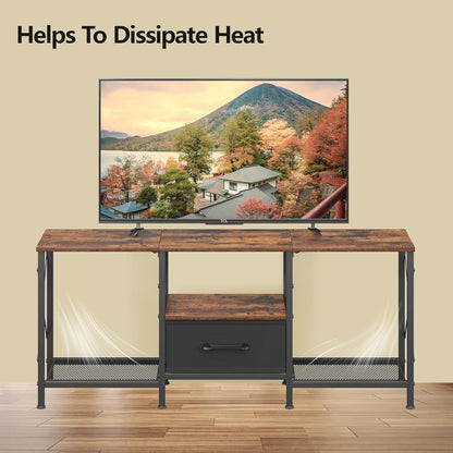 TV Stand with Fabric Drawer, Entertainment Center for 50 55 Inch TV, Industrial TV Console Table with Open Storage Shelves for Living Room, Bedroom, Rustic Brown