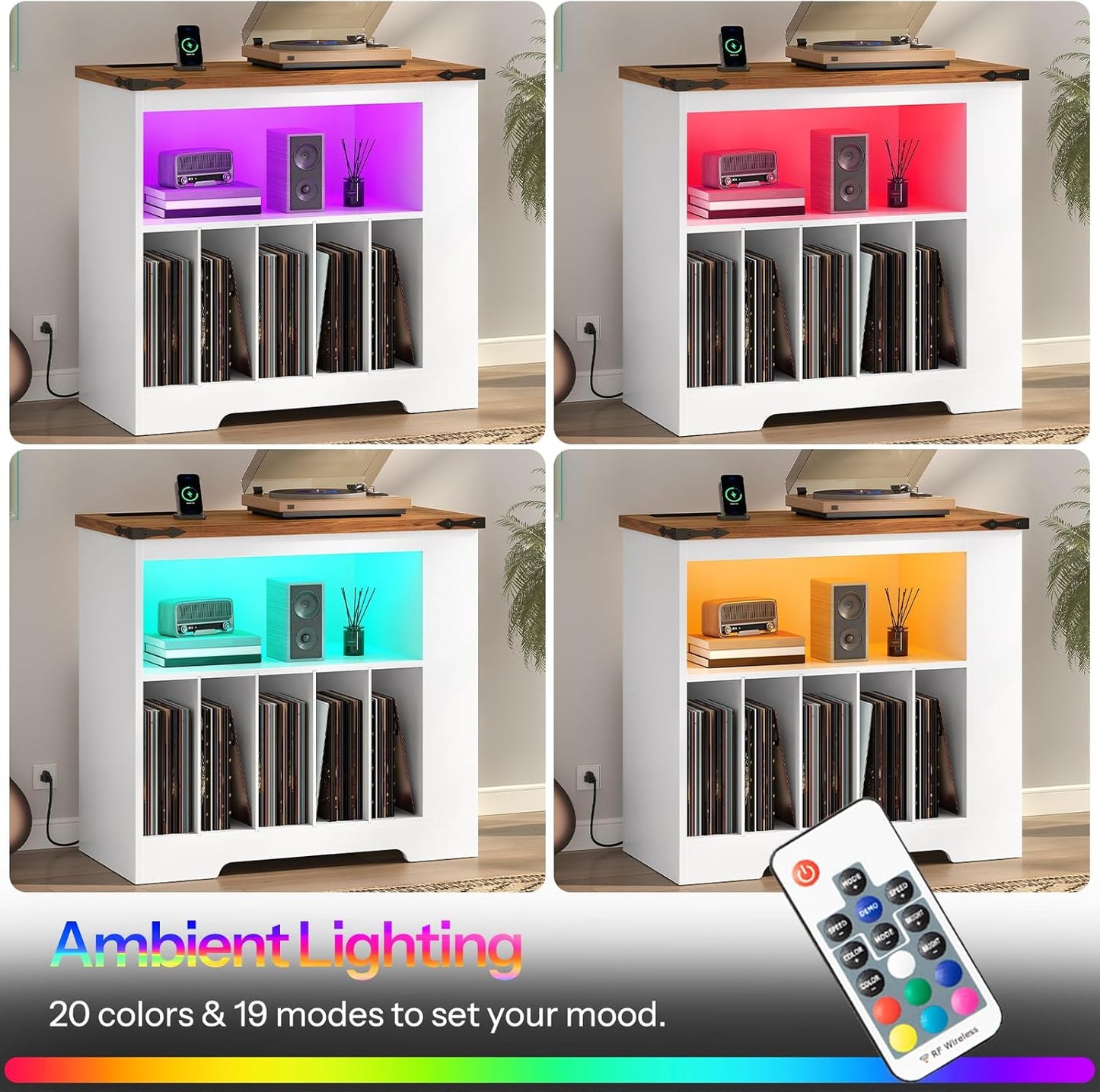 Large Record Player Stand with Charging Station & LED Lights, Vinyl Record Storage Table Holds up to 230 Albums, Turntable Stand with Display Shelf for Living Room, Walnut and White WH80UDRS01