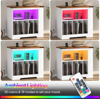 Large Record Player Stand with Charging Station & LED Lights, Vinyl Record Storage Table Holds up to 230 Albums, Turntable Stand with Display Shelf for Living Room, Walnut and White WH80UDRS01