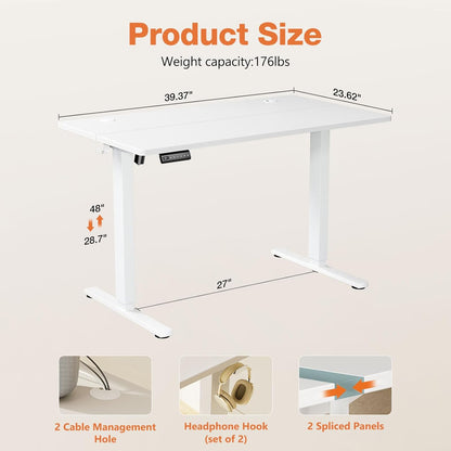 Electric Standing Desk Adjustable Height, 40X24 Inch Sit Stand up Home Office Desks Computer Workstation PC Work Table with 3 Memory Preset Splice Wood Board Metal Frame, White