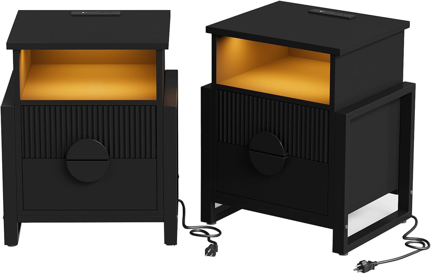 Set of 2 Fluted Nightstand with Charger Station Strip Lights, 20.47" W Night Stand with 2 Drawers, Large Accent Bed Side Table and End Table, Large Open Cubby, Raising H Legs,Black