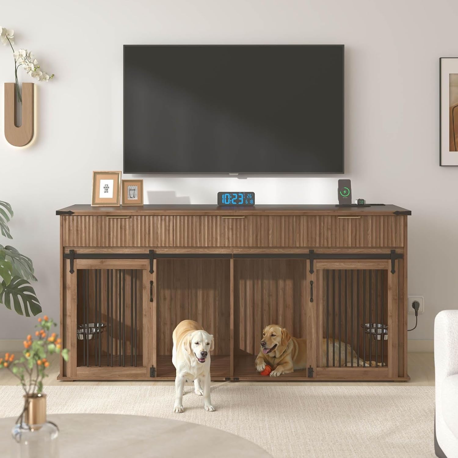 71'' Double Dog Crate Furniture for 2 Dogs, XXL Wooden Indoor Dog Kennel with 3 Fluted Drawers & Charging Station, Removable Divider, 360° Rotating Feeder, TV Stand or Side Table, Walnut