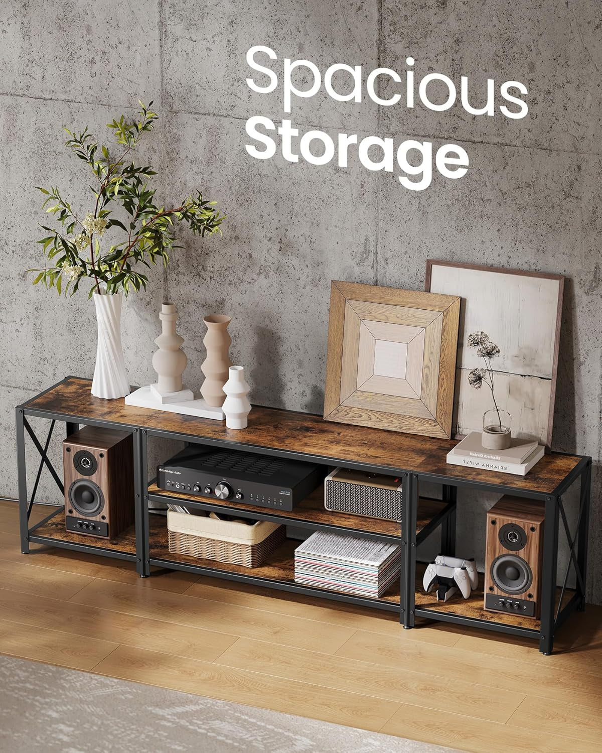 TV Stand with Power Outlets and LED Lights, for Tvs up to 75 Inches, Entertainment Center with Open Storage Shelves, Console Table for Living Room, Rustic Brown and Ink Black ULTV122K01
