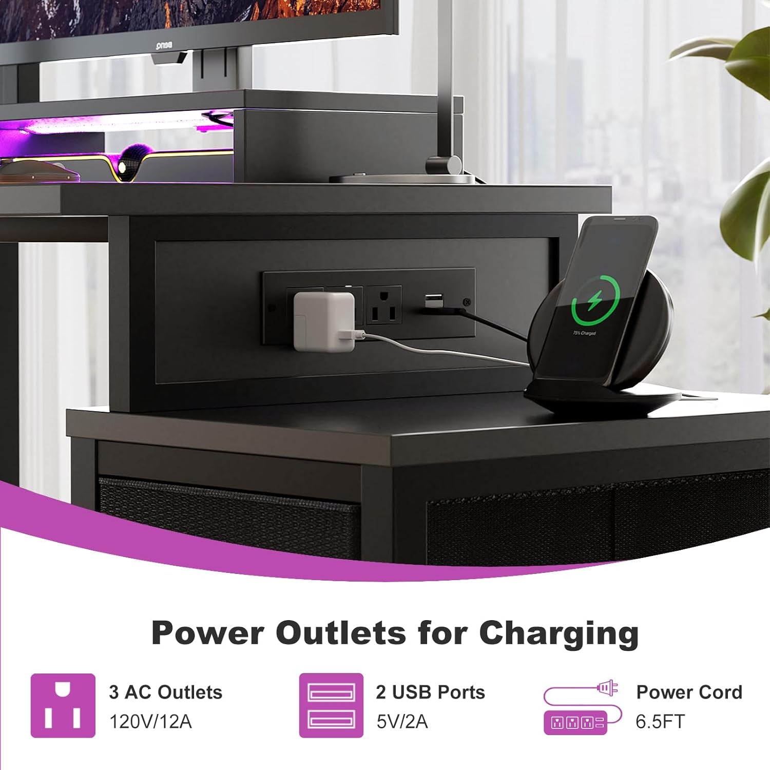 Small Gaming Desk with 2 Fabric Drawers - Reversible Computer Desk with Power Outlet & LED Lights, 49" Office Desk with Monitor Stand & Storage Shelves, Writing Study Table with Pegboard, Black