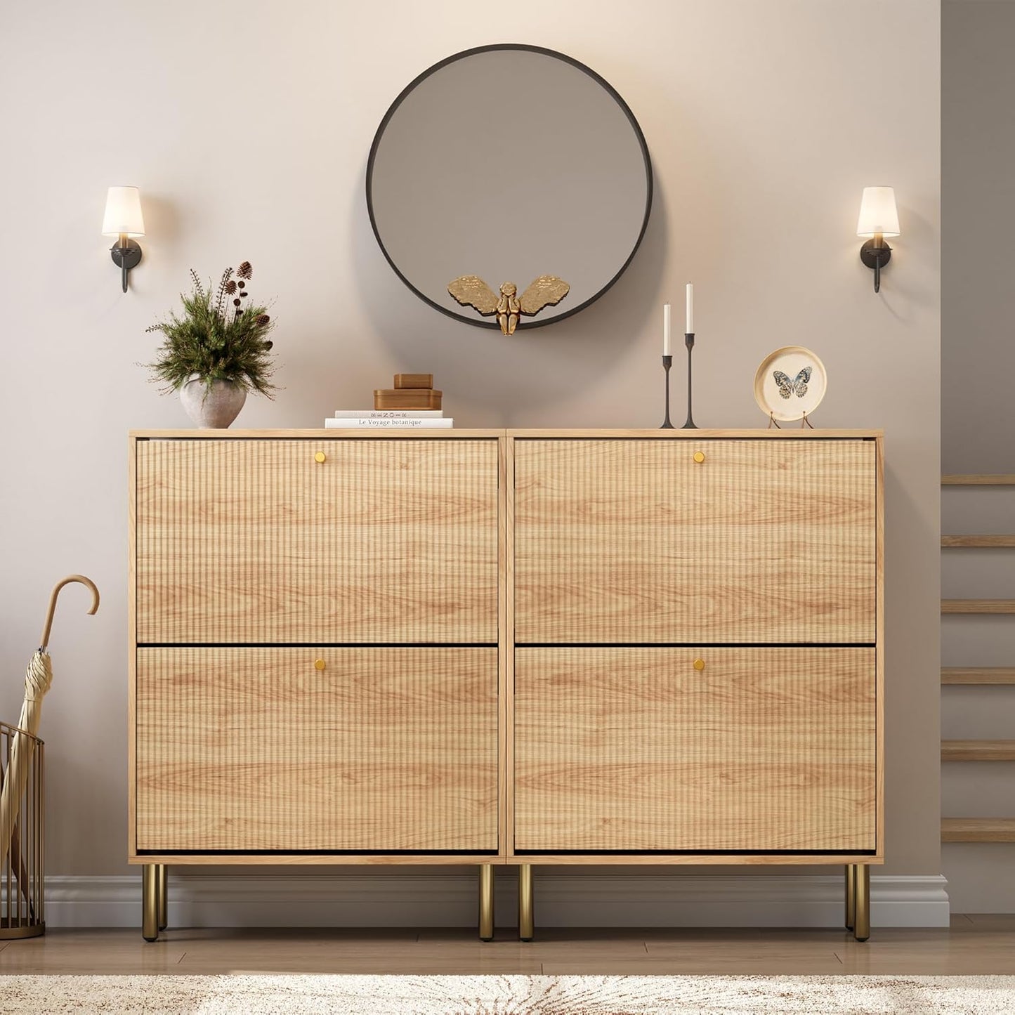 Shoe Storage Cabinet for Entryway - Flip Shoe Cabinet with Tiered Fluted Design - Slim Shoe Storage Rack with Gold Legs - Narrow Shoe Cabinet Hidden Shoe Organizer for Small Spaces