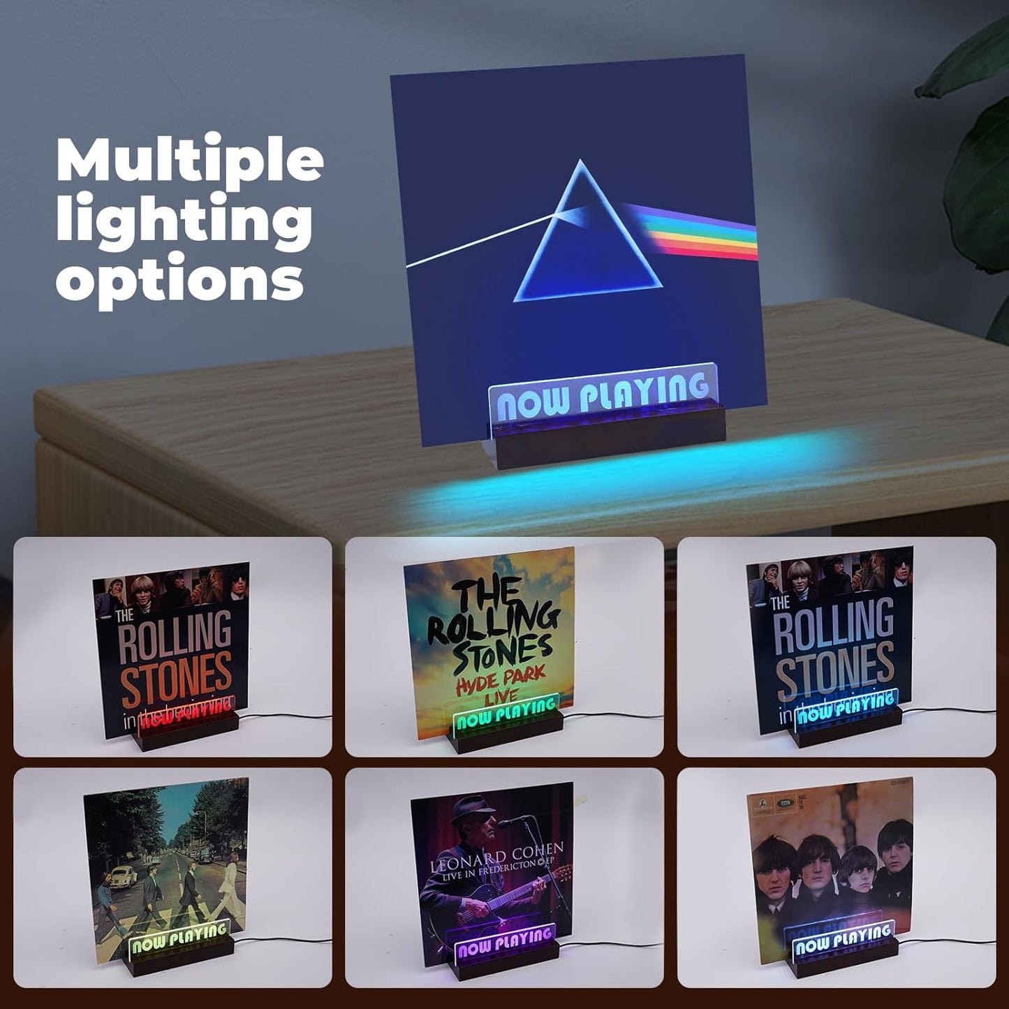 Now Playing Vinyl Stand - LED Light Vinyl Record Display, Wooden Storage Holder, Accessories for Record Collectors