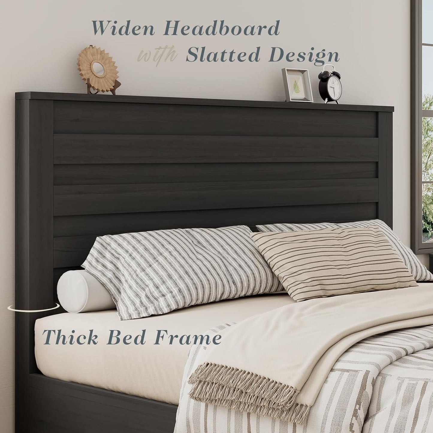 3-Piece Bedroom Set, Including Farmhouse Queen Size Bed Frame with Flutted Headboard, Nightstands Set of 2 with Charging Station, Black