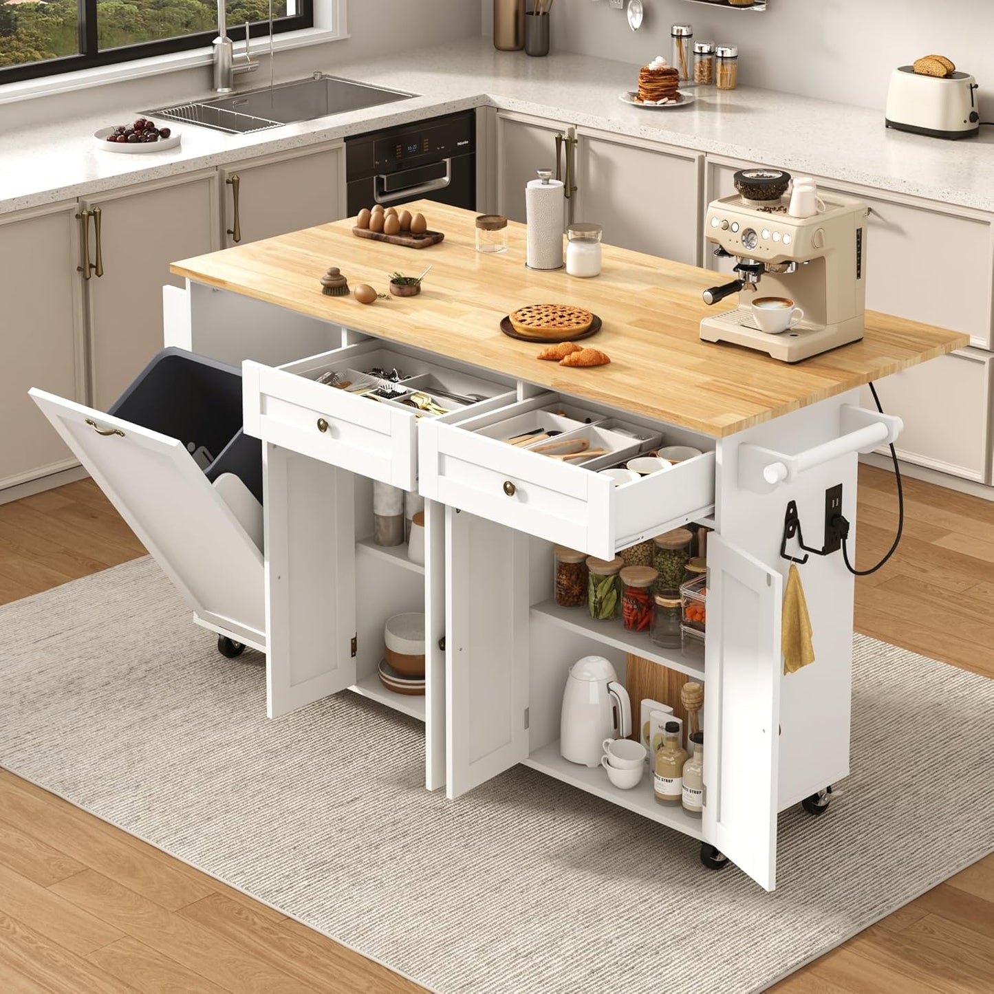 67" Large Movable Kitchen Island W/Sliding Drop Leaf,Power Outlet, Kitchen Rolling Island Cart W/ 2 Drawers, Island Table on Wheels W/ Trash Storage Cabinet,Spice Rack, Towel Bar,Garage Hook, White