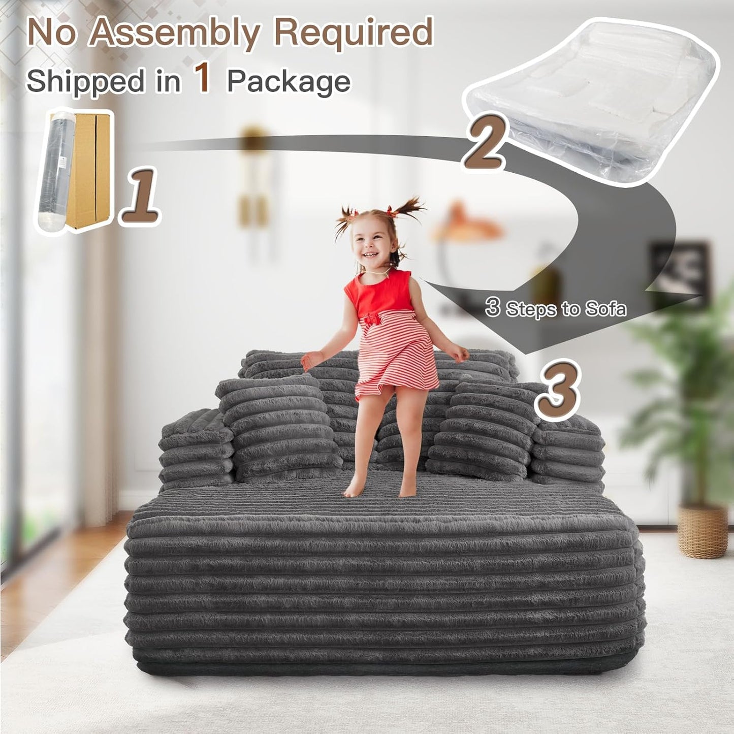 56" Oversized Chaise Lounge Chair Indoor,Plush Faux Fur Sleeper Sofa Couch Bed with Pillows&Wide Armrests,Fluffy Comfy Cloud Couch,Compression Foam Couch for Living Room,Bedroom(Grey)