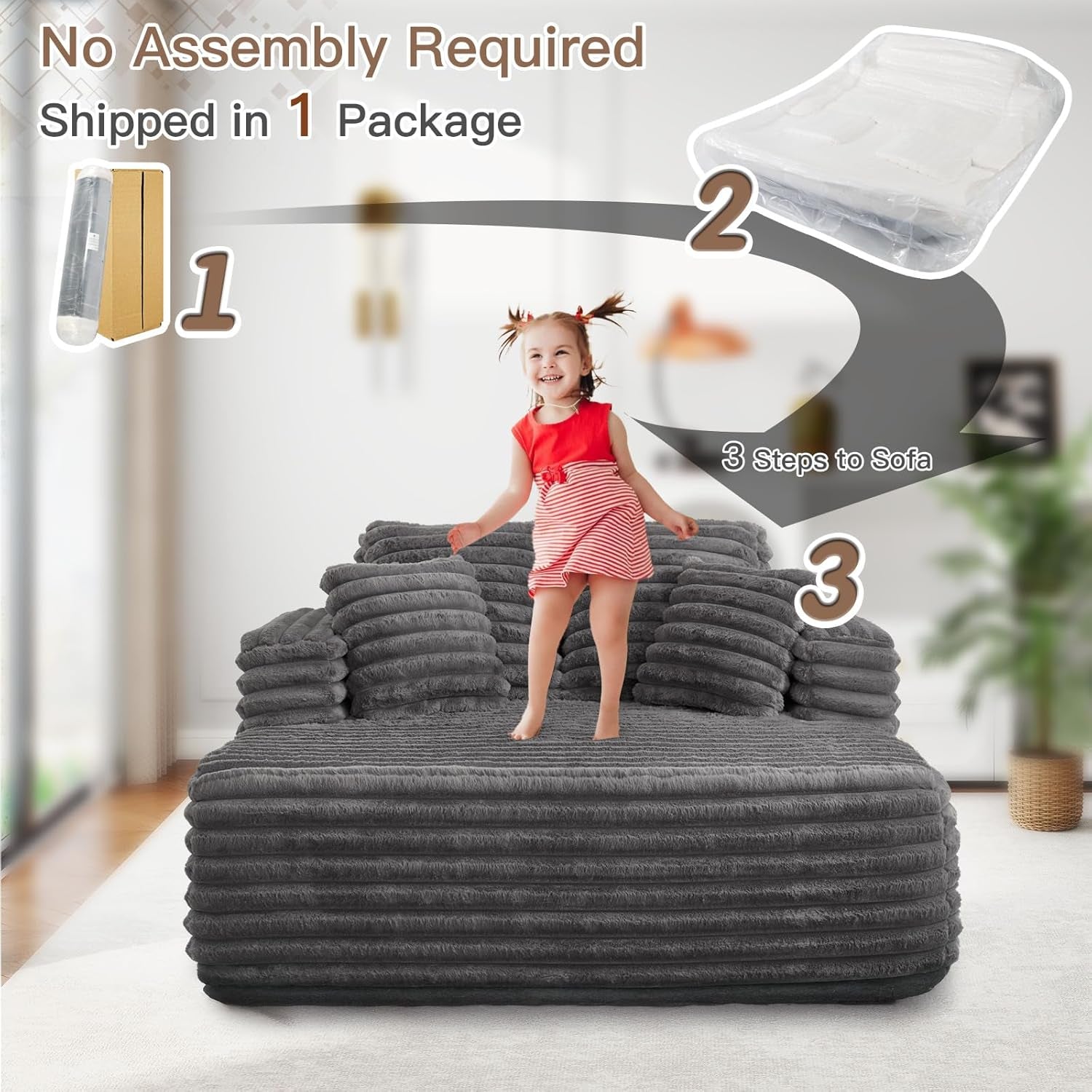56" Oversized Chaise Lounge Chair Indoor,Plush Faux Fur Sleeper Sofa Couch Bed with Pillows&Wide Armrests,Fluffy Comfy Cloud Couch,Compression Foam Couch for Living Room,Bedroom(Grey)