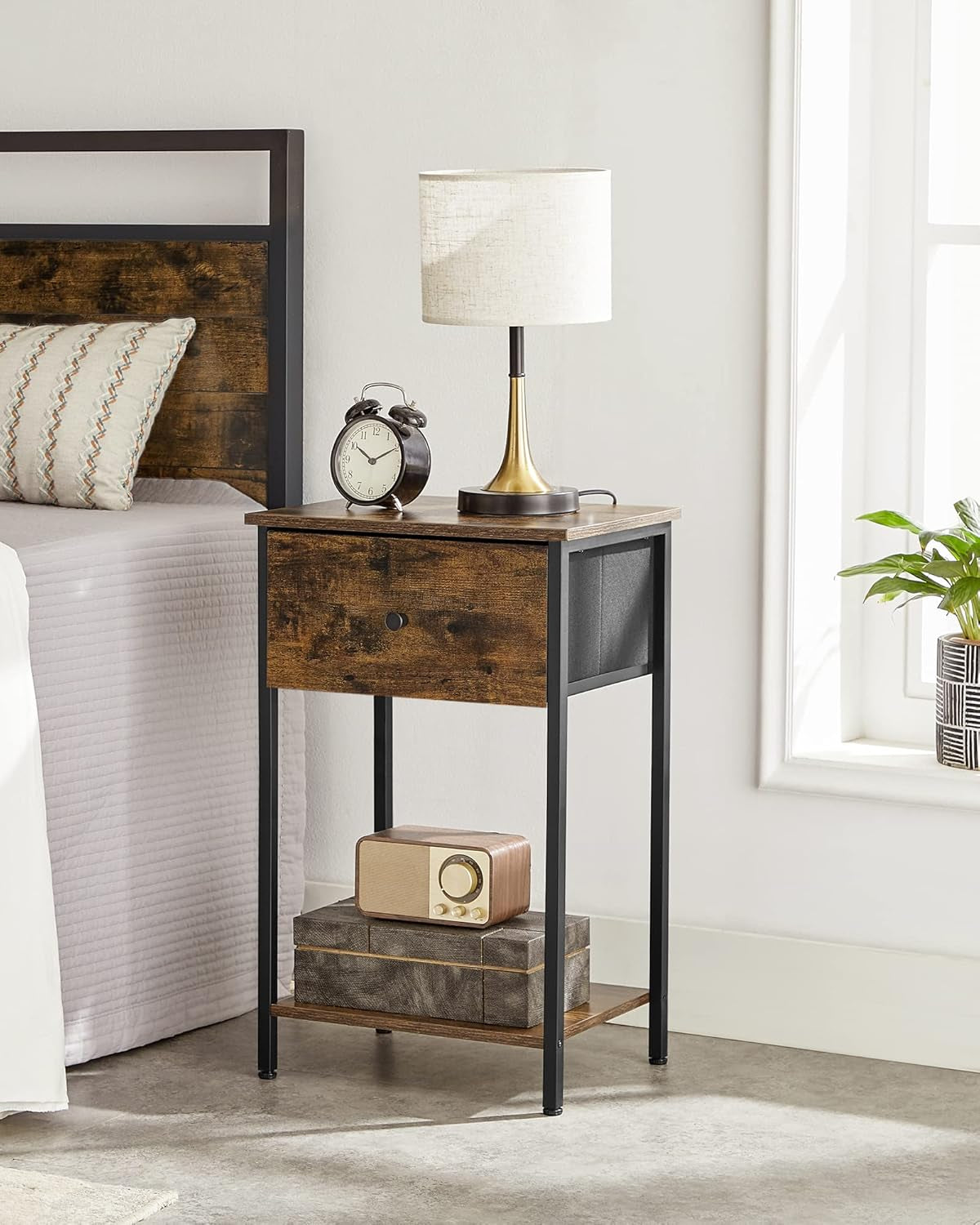 Nightstand, Side Table with Fabric Drawer, 24-Inch Tall End Table with Storage Shelf, Bedroom, Rustic Brown and Black ULGS021B01
