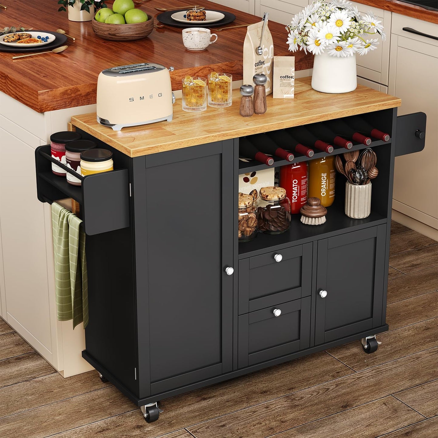 Rolling Kitchen Island with Storage Cabinet, 41.3'' Width Kitchen Cart with Desktop Drop Leaf Countertop, Portable Mobile Kitchen Island with Towel Rack, Spice Rack Shelf and Lockable Wheels, Black