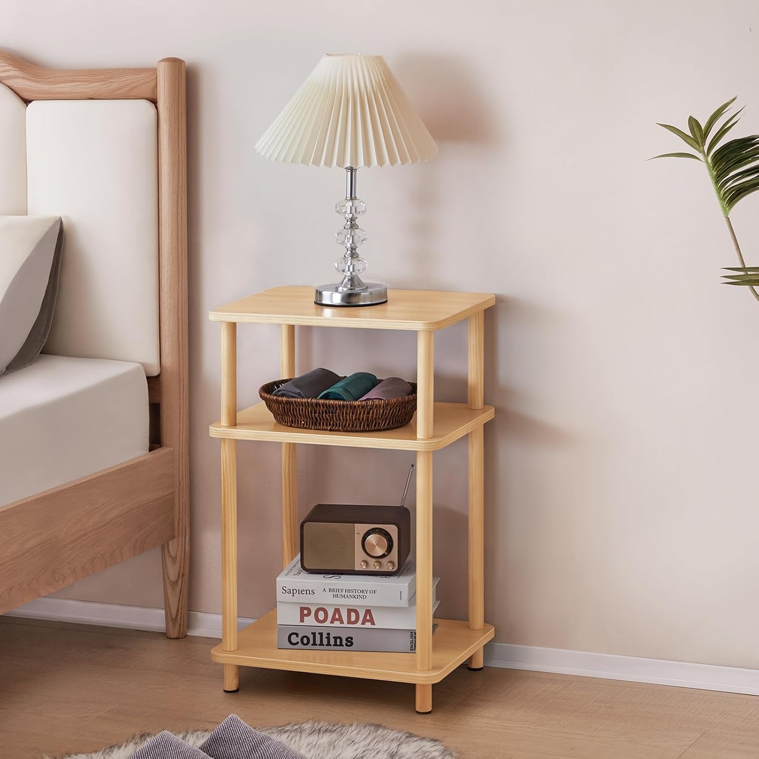 3 Tier End Table, Record Player Stand with Storage Shelf, Wooden Vinyl Record, Nightstand Bedside Table for Small Spaces, Bedroom, Living Room, Easy Assembly, Natural