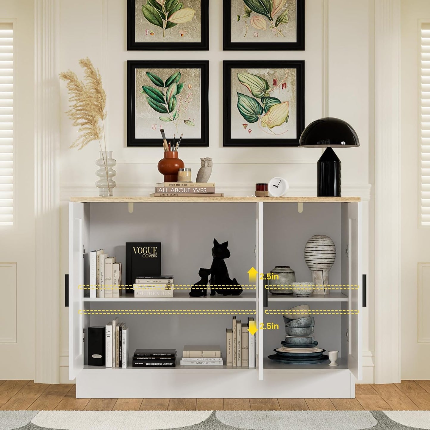 43.3”W White 3 Door Buffet Cabinet, Coffee Bar with Adjustable Shelf, Kitchen Sideboard for Living Room, Kitchen