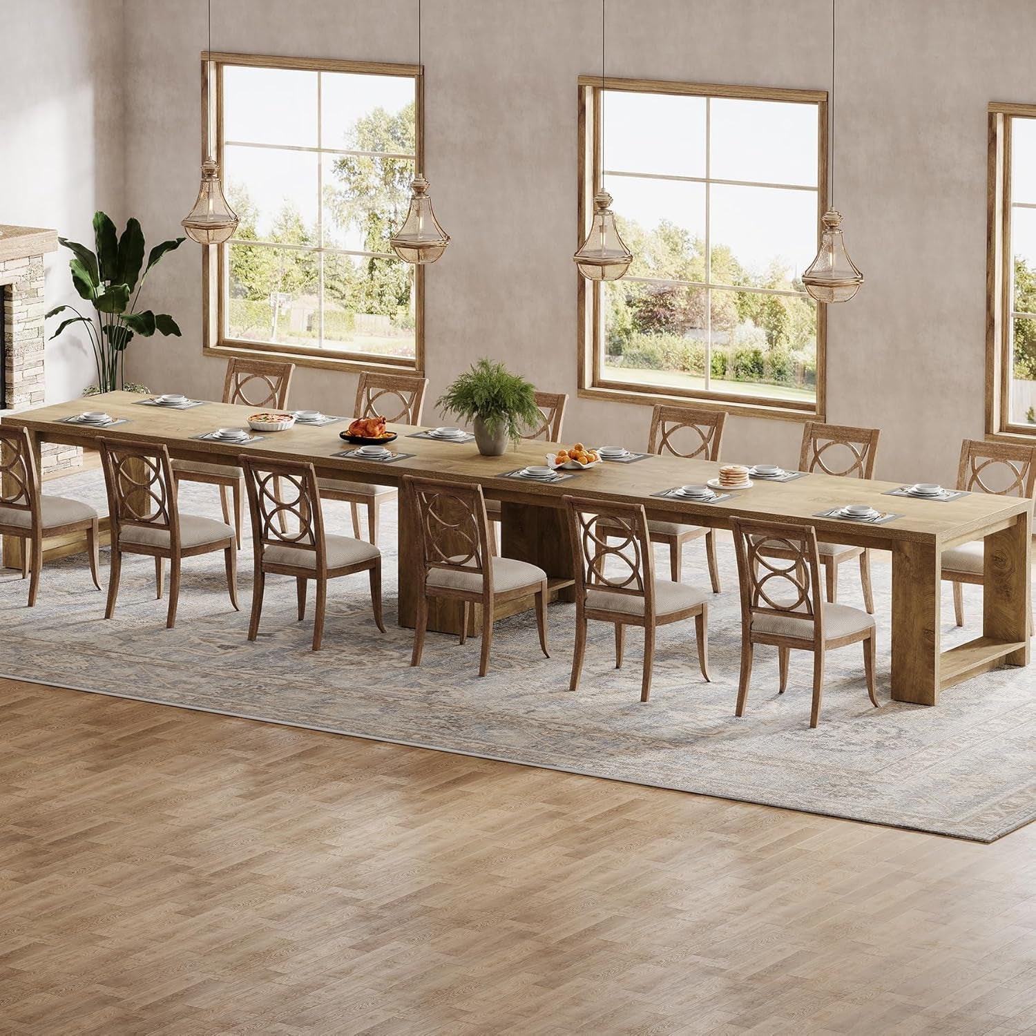 86.61-Inch Dining Table for 6-8 People, Modern Narrow Long Kitchen Table with Pedestal Base, Farmhouse Extra Long Rectangular Dining Room Furniture, 27.56 X 86.61 X 29.53 Inches, Oak