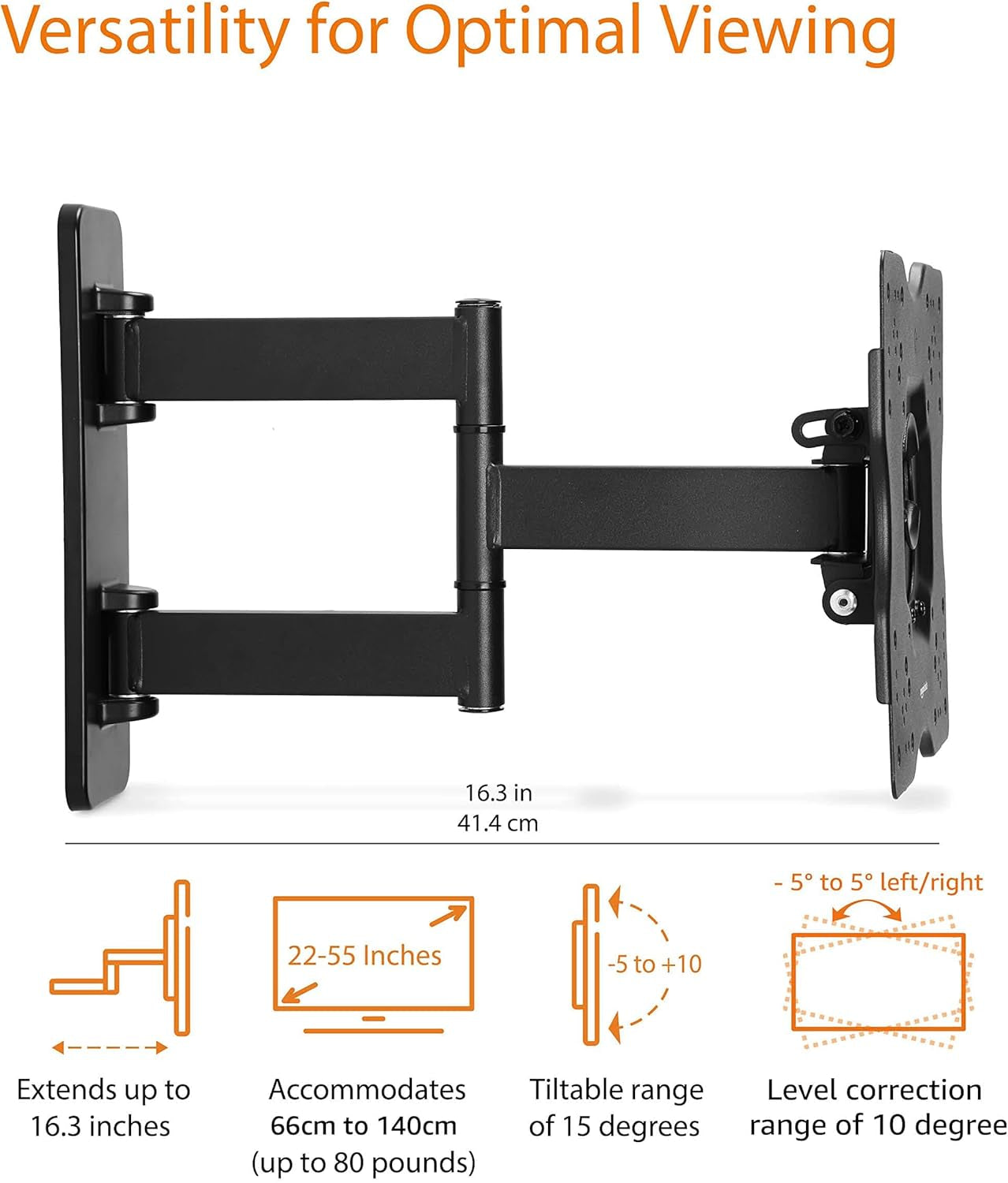 Full Motion Articulating TV Wall Mount, with Swivel and Tilt, for 26" to 55" Tvs and Flat Panels up to 80 Lbs, VESA Compatible, Black