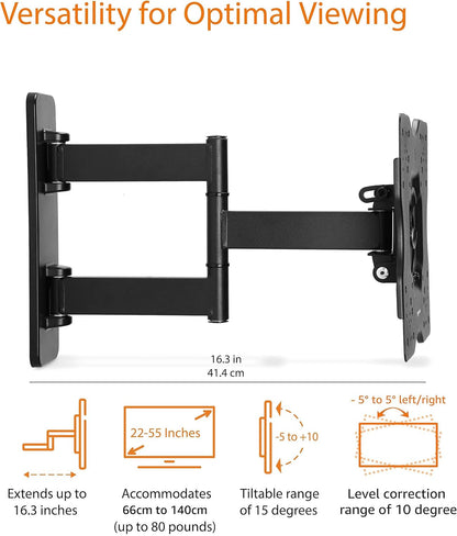 Full Motion Articulating TV Wall Mount, with Swivel and Tilt, for 26" to 55" Tvs and Flat Panels up to 80 Lbs, VESA Compatible, Black