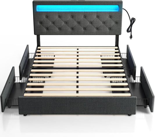 Full Size Bed Frame with 4 Storage Drawers and Charging Station, Full Bed with Led Lights, 2 USB & 1 Type C, Adjustable Headboard 38.9/40.9 Inches, No Box Spring Needed, Grey